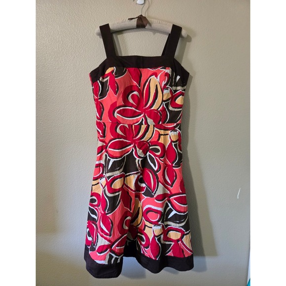 r&k originals Dresses & Skirts - Vintage midi Sun Dress y2k Brown Red Abstract Fit Smocked Back Large